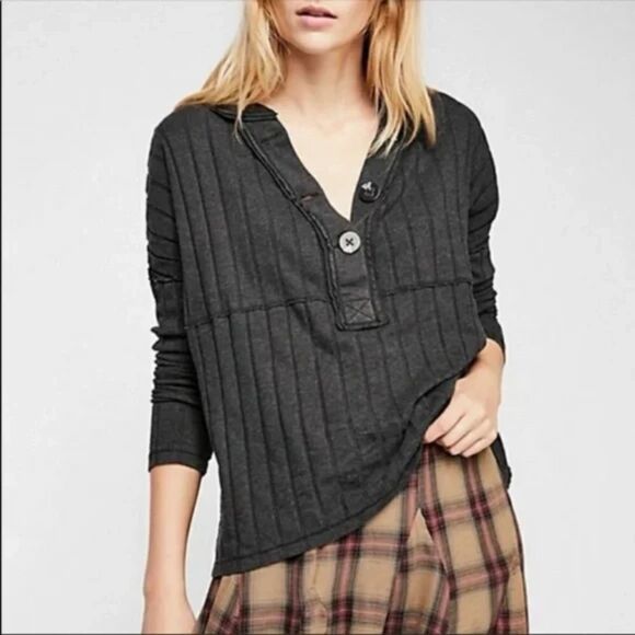 Free People We The Free Long Sleeve Henley - Gray M - Picture 1 of 8